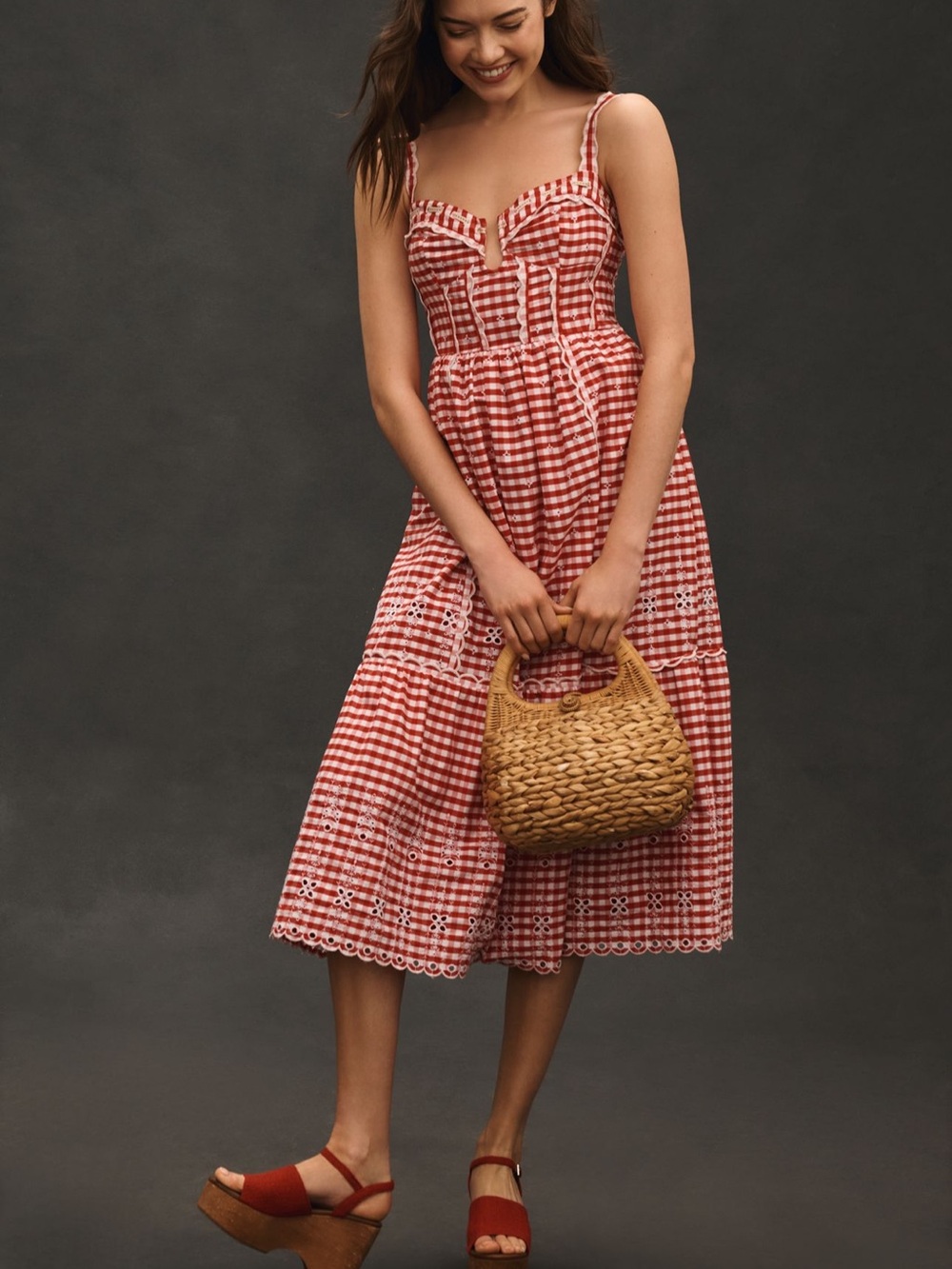 Cherry Red Sleeveless Sweetheart Gingham Dress